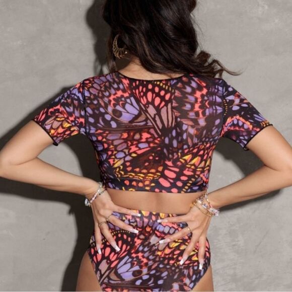 Yitty butterfly print midi crop mesh top size large - fits tight - Picture 2 of 9